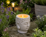 Citronella kaars in cementen Buddha-pot tussen planten en tuinaccessoires tijdens zonsondergang.