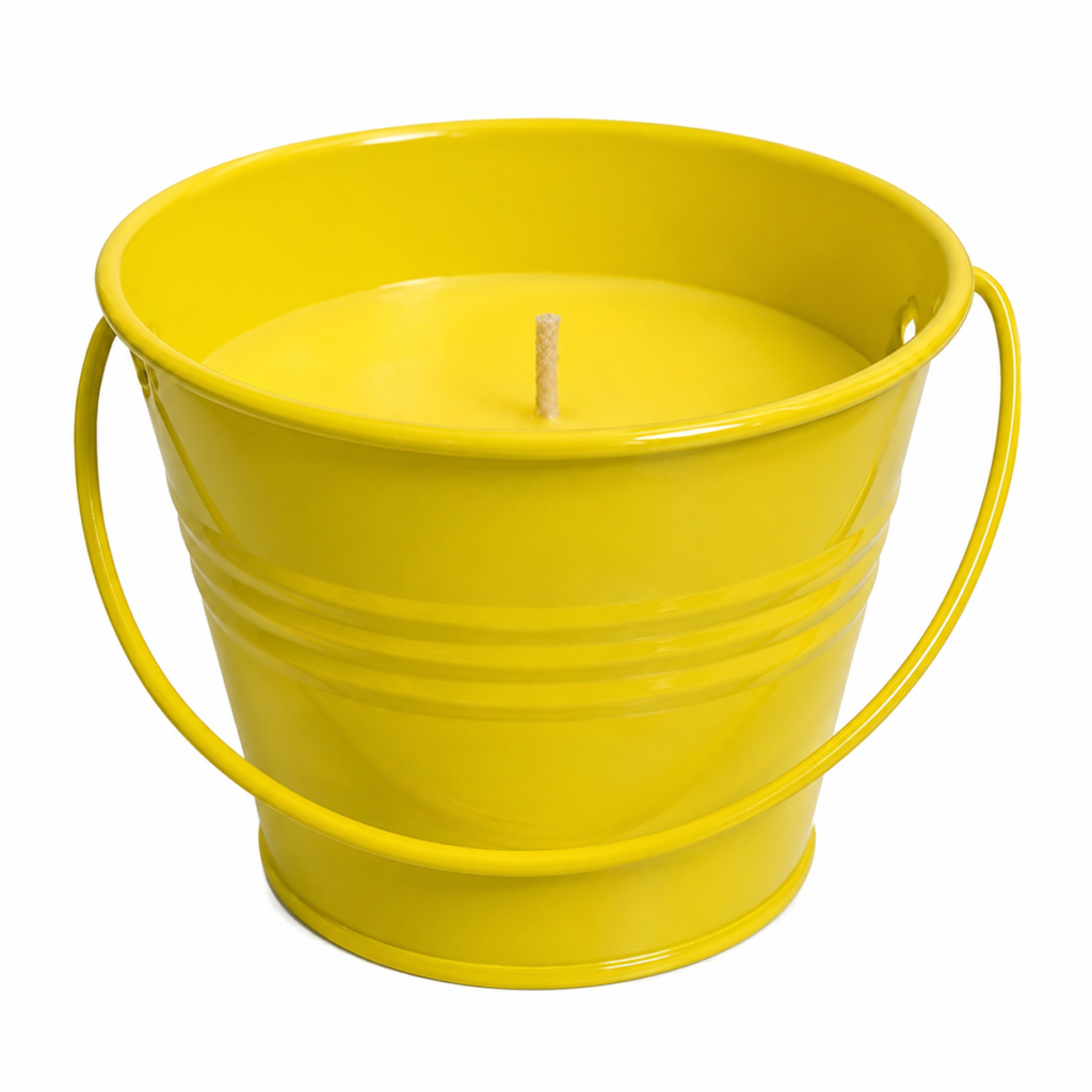Geurkaars in metalen emmer met frisse citronellageur van 8 x 7 cm.