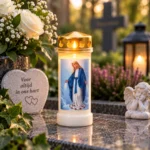 Brandend Maria graflicht bij een graf met bloemen
