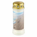 Bolsius herdenkingslicht met voetstappen op het strand en gouden deksel.