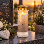 Brandend Bolsius herdenkingslicht met strandmotief bij een graf