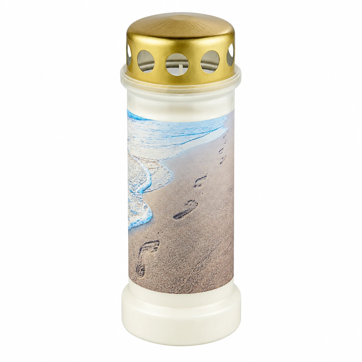 Bolsius herdenkingslicht voetstappen strand Bolsius herdenkingslicht met voetstappen op het strand en gouden deksel.