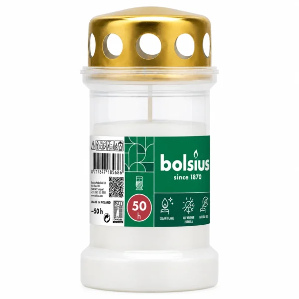 Bolsius herdenkingslicht wit met gouden deksel 50 uur