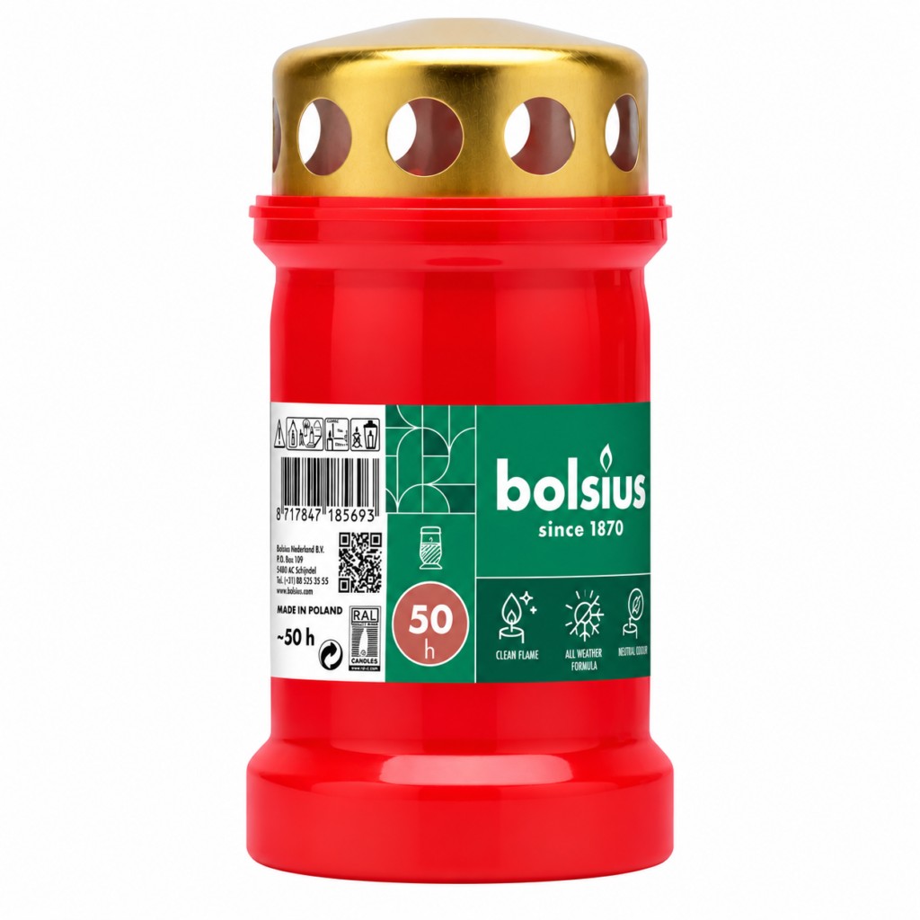 Bolsius graflicht rood met gouden deksel 50 uur