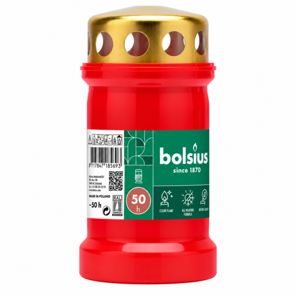 Bolsius graflicht rood met gouden deksel 50 uur