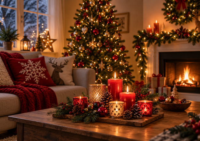 Kerst met kaarsen in een sfeervol versierde woonkamer