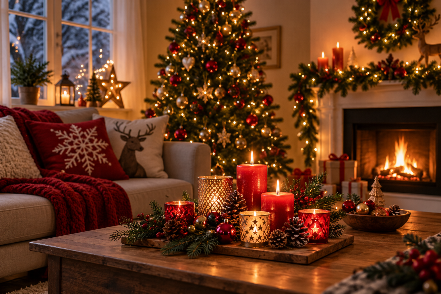 Kerst met kaarsen in een sfeervol versierde woonkamer